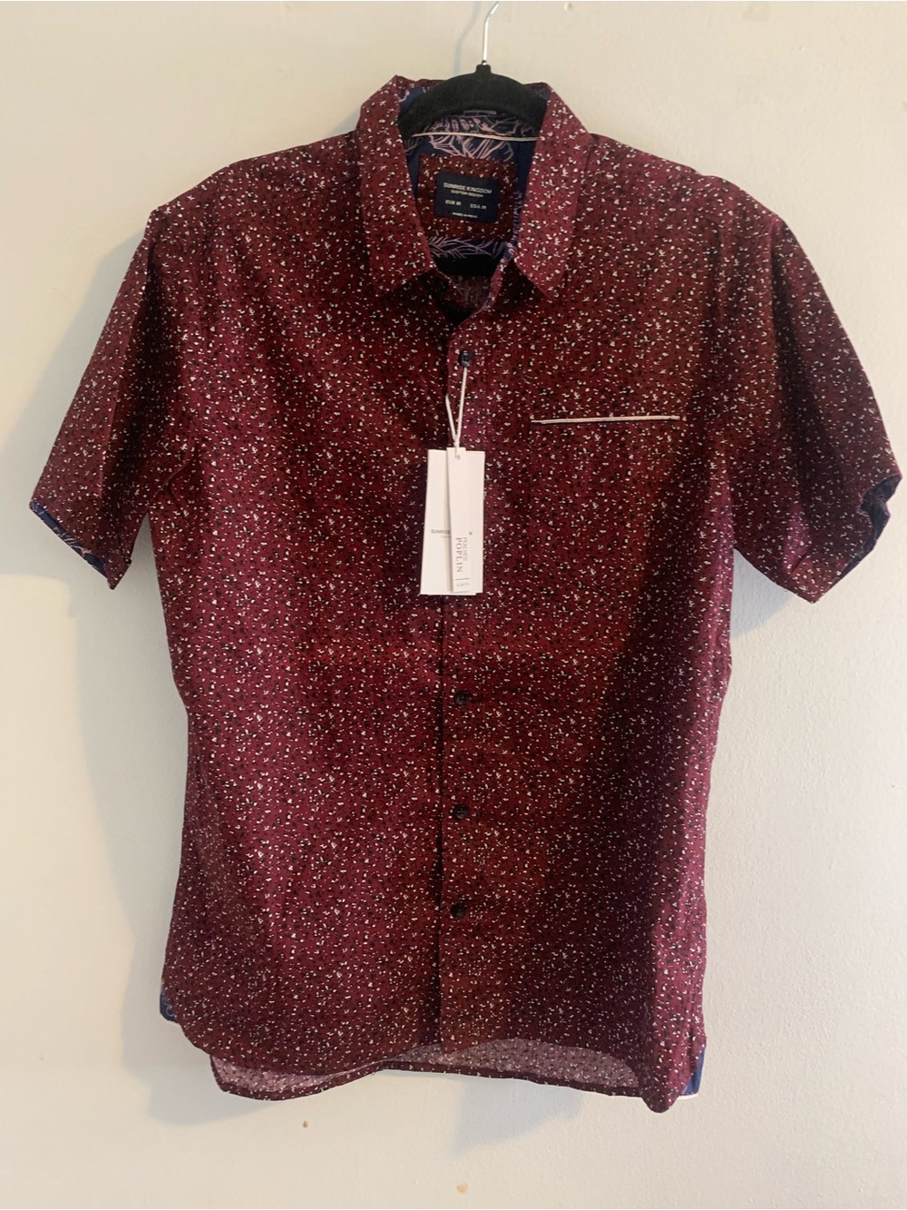 Men's Burgundy Short-Sleeve Button-Down Shirt with Micro Dot Print